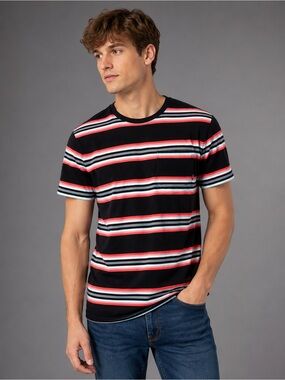 Men's Black Striped Crew Neck T-Shirt with Pocket